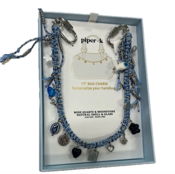 🔹️Piper K 🔹Blue and Silver Chain Rose Quartz Moonstone Shell + Glass Bag Charm - Picture 1 of 3